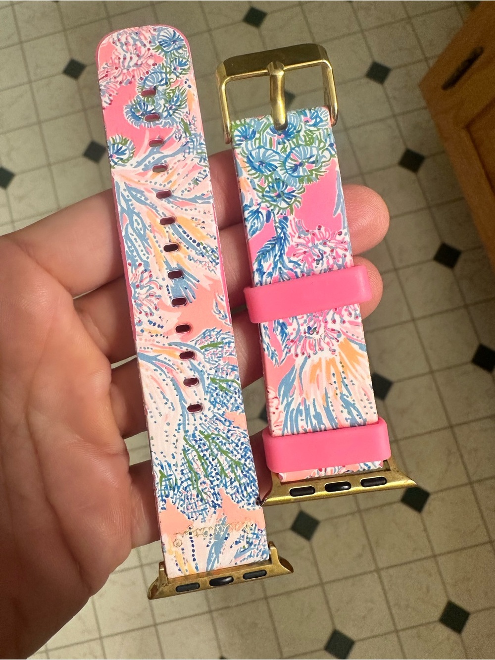 Lilly Pulitzer Pink Floral Silicone Apple Watch Band with Gold Hardware